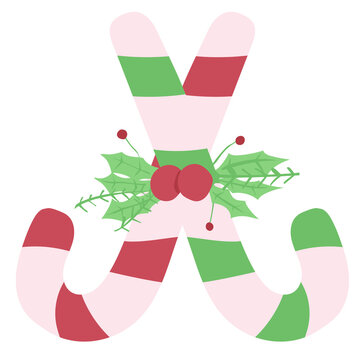 vector illustration of a christmas decoration, Crossed Christmas Candy Canes with Holly Leaves and Red Berries Vector Illustration Isolated on Transparent Background