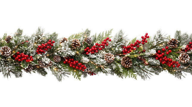 Christmas garland with pine cones, red berries, and fairy lights isolated on transparent background
