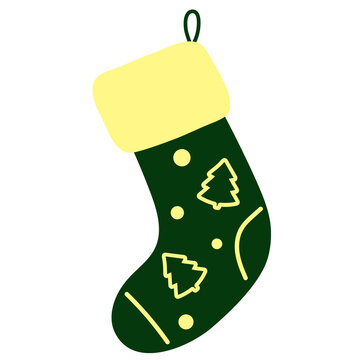 christmas sock isolated on white, Green Christmas Stocking with Yellow Pine Tree Pattern Vector Illustration Isolated on Transparent Background