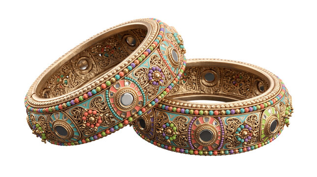 Traditional indian gold bangles with colorful enamel and mirror work isolated on transparent background