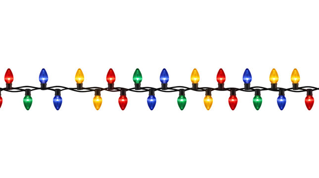 Colorful christmas string lights isolated on transparent background
