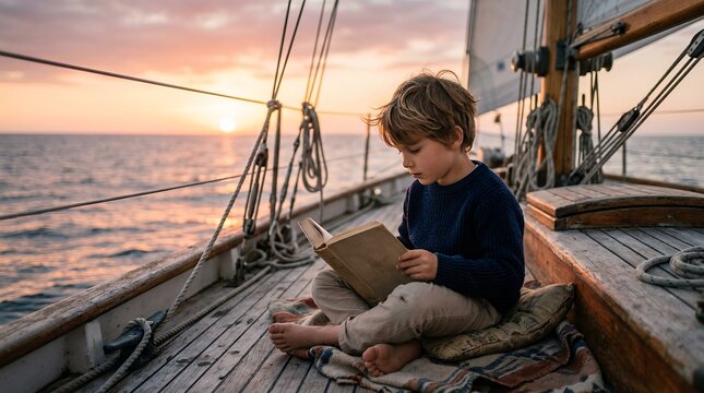 Young boy reading a book on a sailboat deck at sunset