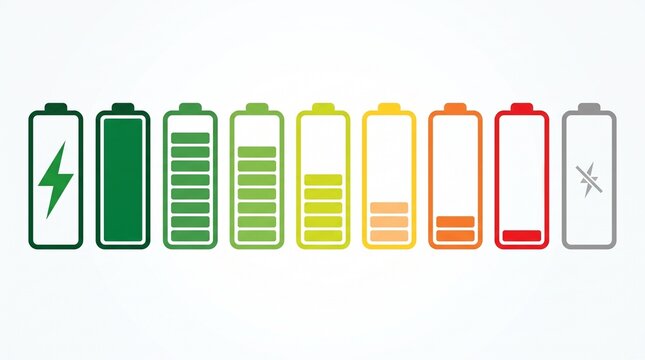 Battery level indicator icons showing charge status from full to empty flat vector graphic element