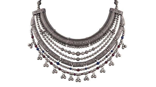 Traditional indian silver necklace with intricate engravings and beads isolated on transparent background