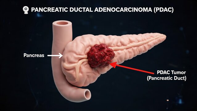 3D medical illustration of pancreatic ductal adenocarcinoma (PDAC), labelled pancreas and malignant tumor anatomy