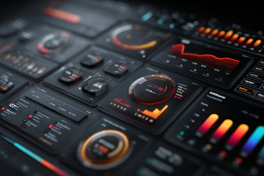 Futuristic digital dashboard interface with data visualization charts and analytics metrics on dark background