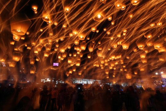 Beautiful flying lanterns on the Pingxi Sky Lantern Festival. New Taipei, Taiwan. Double exposure