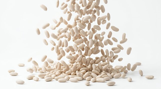 White cannellini beans falling against a clean white background