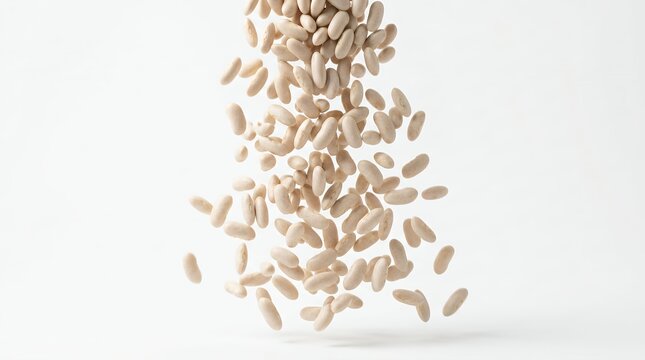 Cannellini beans falling against a white background