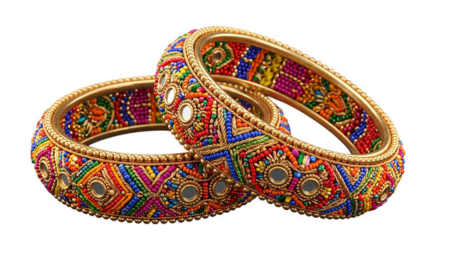 Traditional indian beaded bangles with mirror work isolated on transparent background