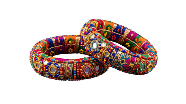 Colorful embroidered indian bangles isolated on transparent background