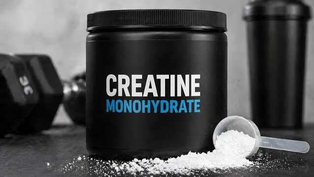 Black creatine monohydrate container with a scoop and gym equipment  