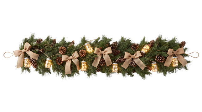 Christmas garland with pine cones, burlap bows, and glowing mason jar lights isolated on transparent background
