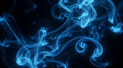 Fototapeta premium Abstract blue smoke swirls and flowing wisps on a dark black background with subtle particle effects