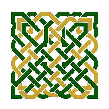 Celtic knot pattern in green and gold, traditional Irish interlaced design, square geometric celtic knotwork for cultural branding