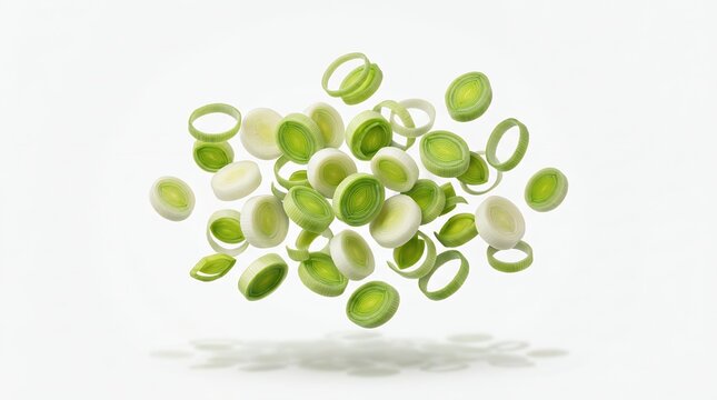 Fresh sliced leeks floating in mid-air against a white background