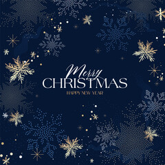 Obraz premium Merry Christmas luxury packaging vector background with gold snowflakes on dark blue for festive wrapping paper, gift boxes, labels and greeting cards