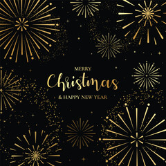Obraz premium Merry Christmas and Happy New Year vector background with gold fireworks on black for festive greeting cards, invitations, posters and seasonal packaging