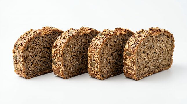 Four slices of whole grain seeded bread arranged in a row on a white background