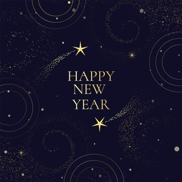 Happy New Year luxury vector background with gold glitter swirls, stars and circular accents on deep blue for festive greetings and seasonal packaging