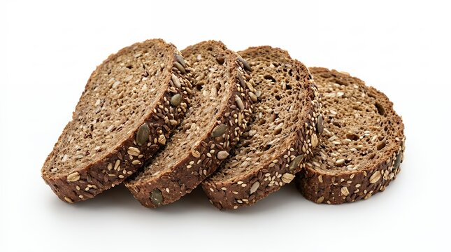 Four slices of whole grain bread with seeds isolated on a white background