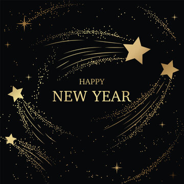 Happy New Year luxury vector background with gold brushstroke swirl and star accents on black for elegant greeting cards, invitations and party posters