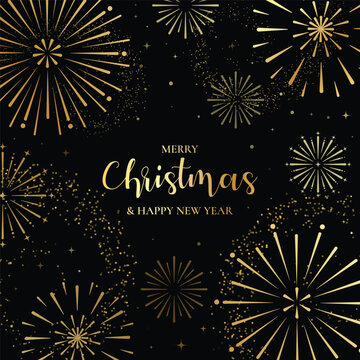 Merry Christmas and Happy New Year vector background with gold fireworks on black for festive greeting cards, invitations, posters and seasonal packaging