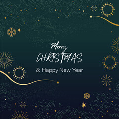 Obraz premium Merry Christmas and Happy New Year vector background with gold stars and ornaments on navy blue for elegant greeting cards, invitations and holiday packaging