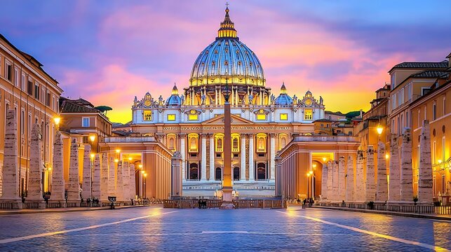 Illuminated landmark building at dusk with ornate architecture and vivid sky