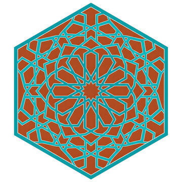 Islamic geometric pattern in hexagon frame, teal and terracotta arabesque star motif, traditional middle eastern mosaic design