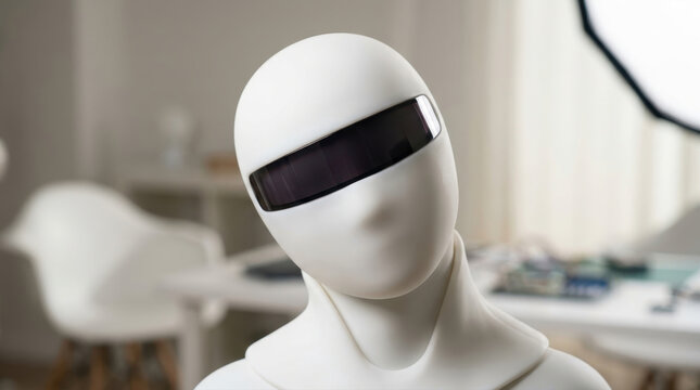 Futuristic white humanoid robot with dark visor in a modern room