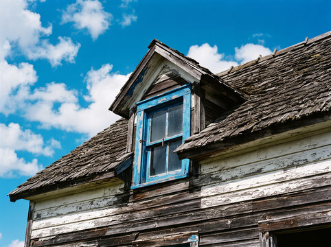 Weathered wooden house dormer window with peeling paint against blue sky abandoned architecture building