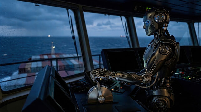Robot operating cargo ship in control room navigating ocean