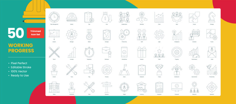 Work in progress line icons set of 50 business vector symbols