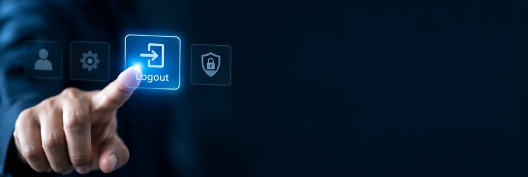 Logout button clicked by a businessman on a futuristic digital touch screen interface with cybersecurity and account management icons