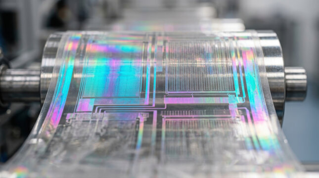Holographic flexible printed electronics manufacturing on film roll