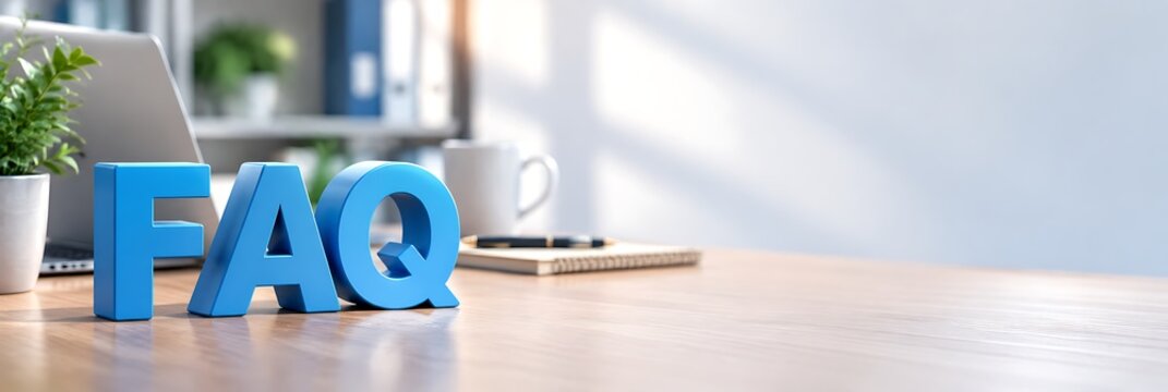 FAQ frequently asked questions sign on a wooden office desk with a laptop computer and copy space banner