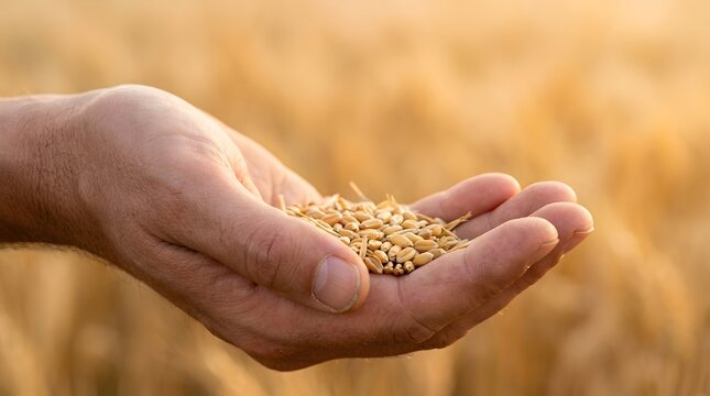 Farmer hands holding golden wheat grains in a blurred field during the warm afternoon sunlight showing a close up perspective of healthy organic harvest crops