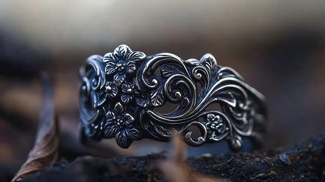 Intricate floral design silver ring