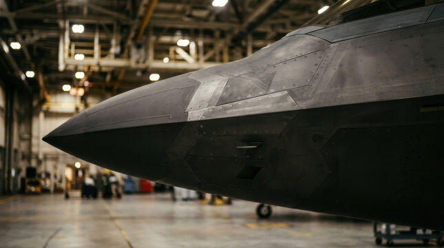 Stealth fighter jet nose cone in hangar maintenance facility