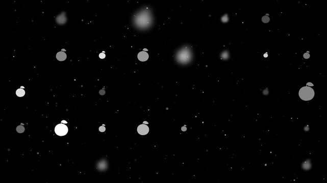 Template animation of evenly spaced orange symbols of different sizes and opacity. Animation of transparency and size. Seamless looped 4k animation on black background with stars