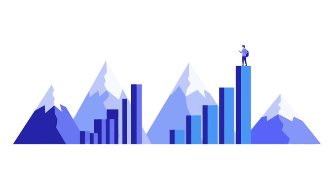 Business Growth Success Concept with Bar Chart and Mountain Peaks Illustration