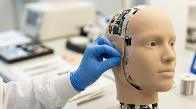Engineer assembling humanoid robot head in a high tech laboratory