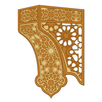 Islamic geometric wood carving, traditional mashrabiya architectural element, ornate brown timber corbel with star pattern