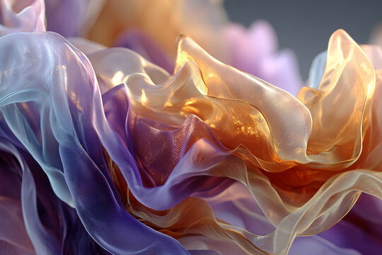 Abstract flowing soft fabric waves with iridescent purple and gold silk textures on isolated background