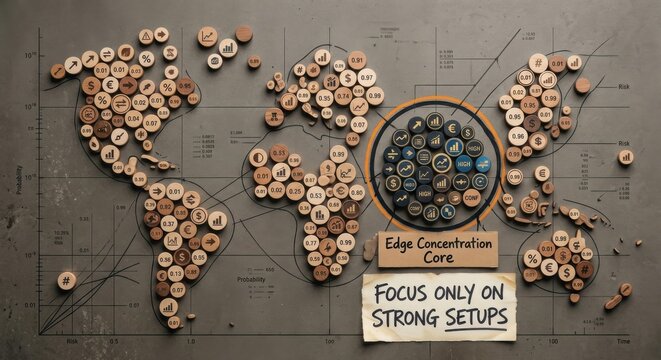 Global business strategy visualized with currency icons on a world map focusing on strong setups