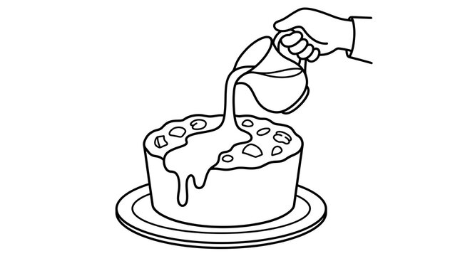 Hand pouring syrup over a delicious cake line art illustration