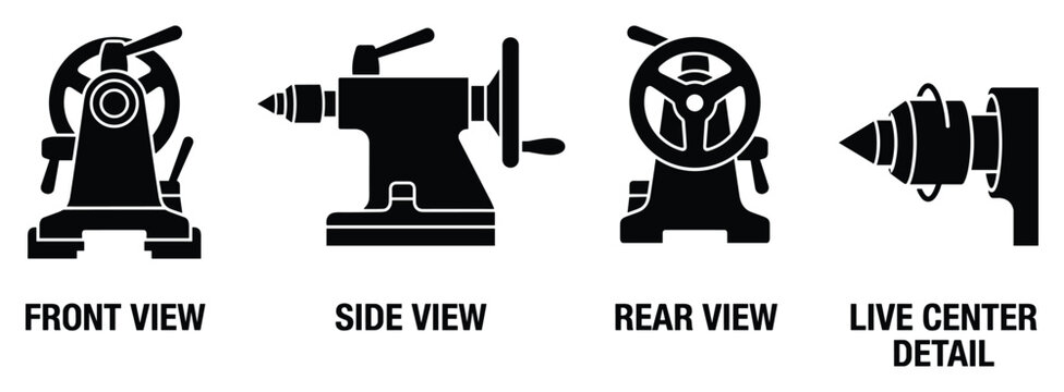Lathe tailstock front side rear view and live center detail illustration on white background.