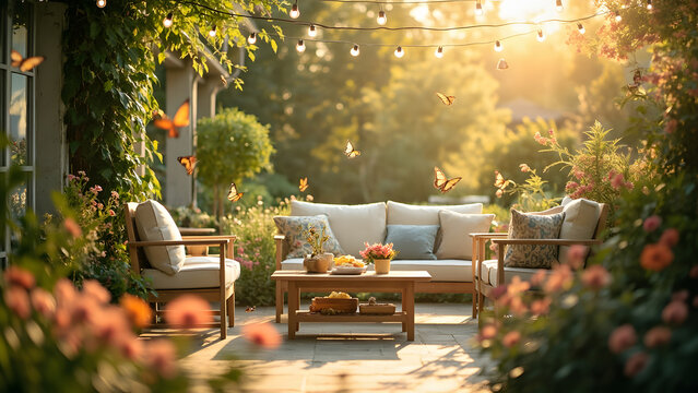 Cozy outdoor patio living area with sofa furniture and glowing string lights in a blooming garden at sunset