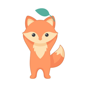 Cute cartoon fox with a leaf on its head